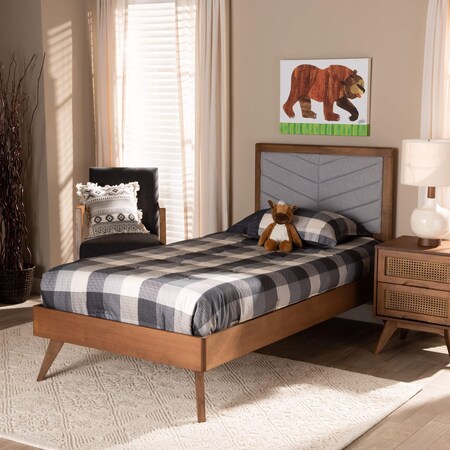 Baxton Studio Roze Mid-Century Light Grey Fabric Upholstered and Walnut brown Finished Wood Platform Bed-Twin 192-11538-11159-ZORO